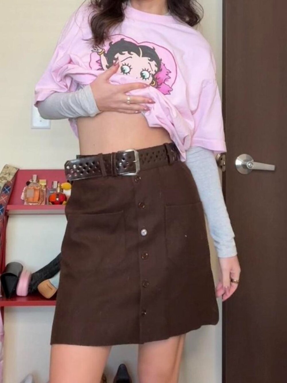 Vintage 70's brown college town brand full button front mini skirt